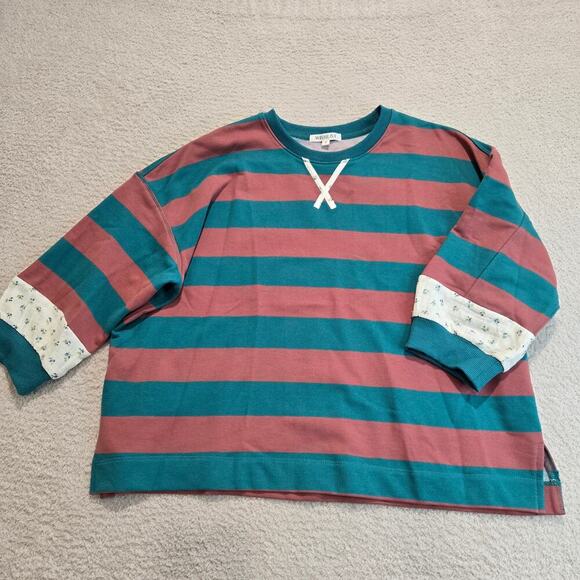 NEW Wishlist Teal Striped T-shirt Floral Contrast Sleeve Oversized Boxy Sz S - Picture 1 of 9